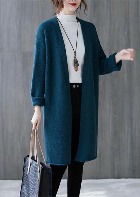 Winter blue knitted outwear plus size clothing fall v neck knitted coat - SooLinen