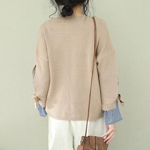 Winter brown knit tops plus size v neck knit sweat tops false two pieces