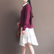 Winter casual burgundy cotton sweater tops plus size vintage knit blouse