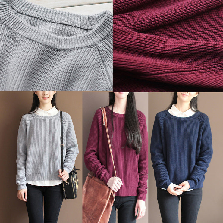 Lässige Winter-Pullover aus bordeauxfarbener Baumwolle plus Vintage-Strickbluse in Übergröße
