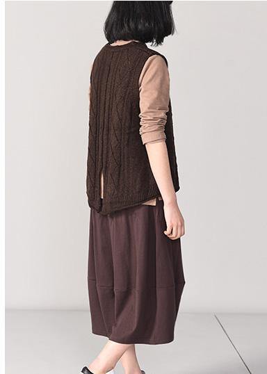 Winter chocolate knit coats trendy plus size sleeveless knitted coat back open - SooLinen