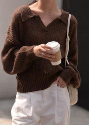 Winter chocolate knit sweat tops oversize v neck long sleeve sweater tops - SooLinen