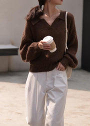 Winter chocolate knit sweat tops oversize v neck long sleeve sweater tops - SooLinen