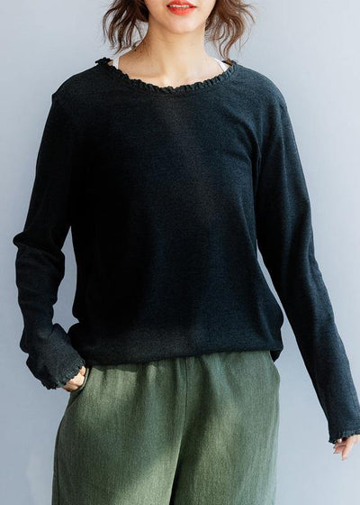 Winter dark gray knitwear plus size ruffles collar knit tops - SooLinen