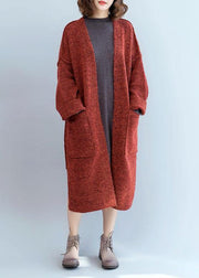 Winter fall sweaters oversized red pockets patchwork sweater coat - SooLinen