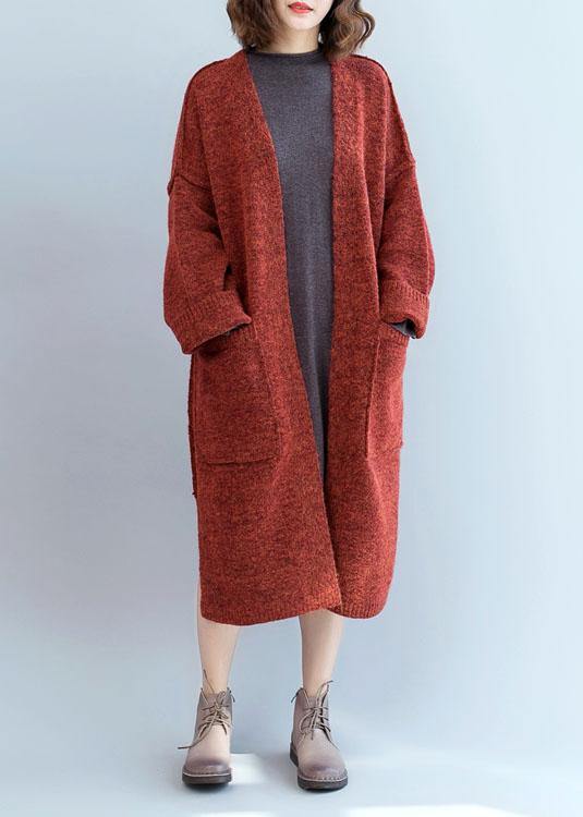 Winter fall sweaters oversized red pockets patchwork sweater coat - SooLinen