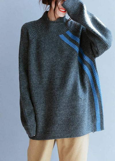 Winter gray striped knit blouse high neck Loose fitting fall knitwear - SooLinen