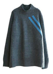 Winter gray striped knit blouse high neck Loose fitting fall knitwear - SooLinen