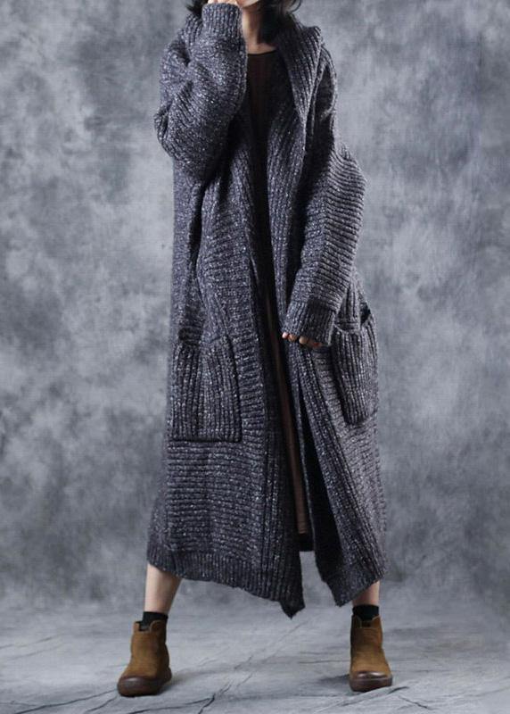 Winter hooded knitwear plus size clothing gray thick big pockets knitted cardigans - SooLinen