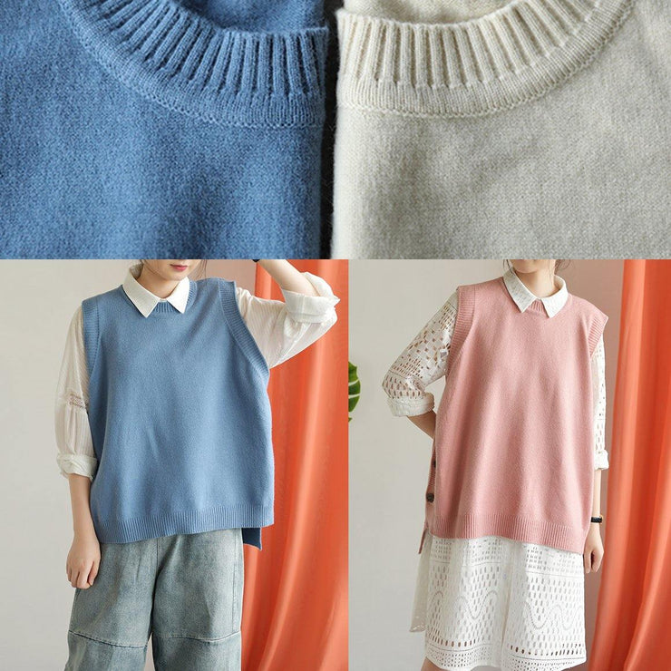 Winter o neck blue knit sweat tops casual low high design top silhouette - SooLinen