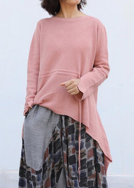 Winter o neck pink knitted blouse plus size clothing drawstring asymmetric top - SooLinen