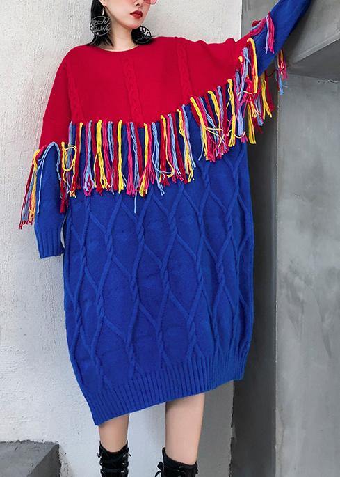 Winter o neck tassel Sweater weather Women blue patchwork red Mujer knitwear - SooLinen