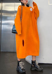 Winter orange Sweater knit dress Street Style o neck Hole Largo sweater dress - SooLinen
