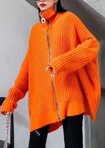 Winter orange knit tops trendy plus size high neck zippered knit blouse - SooLinen