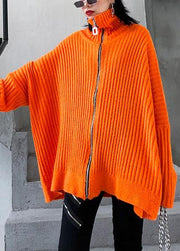 Winter orange knit tops trendy plus size high neck zippered knit blouse - SooLinen