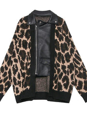 Winter patchwork knit outwear plus size clothing leopard false two pieces knit coats - SooLinen