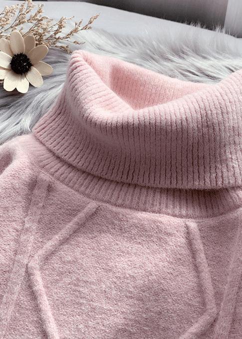 Winter pink Sweater dress outfit Design high neck long sleeve Fuzzy knit dress - SooLinen