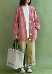 Winter pink plus size v neck knit sweat pockets tops - SooLinen
