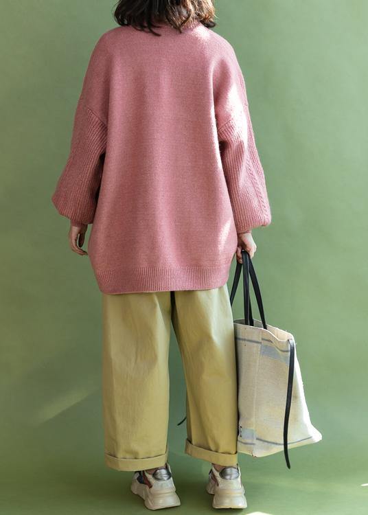 Winter pink plus size v neck knit sweat pockets tops - SooLinen
