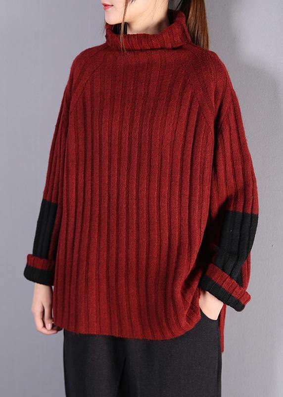 Winter red knitwear casual high neck baggy sweater tops - SooLinen