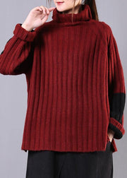 Winter red knitwear casual high neck baggy sweater tops - SooLinen