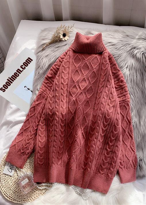 Winter rose knit tops casual high neck thick knit blouse - SooLinen