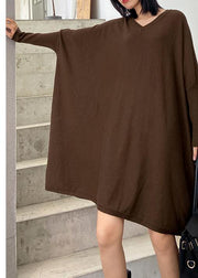 Winter v neck Batwing Sleeve Sweater weather Women chocolate Largo knitted dress - SooLinen