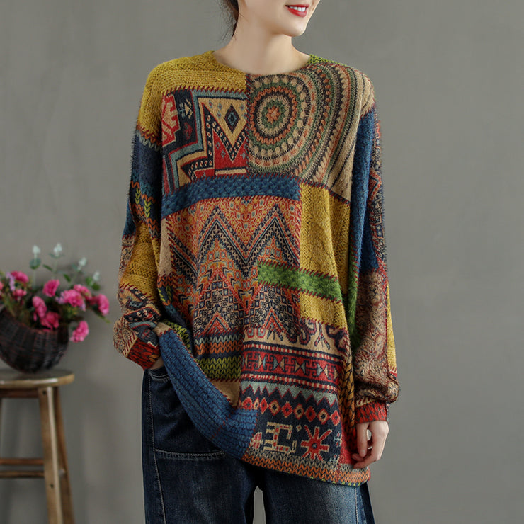 Winter Abstract Pattern Knitted Blouse Casual O Neck Knitted t Shirt