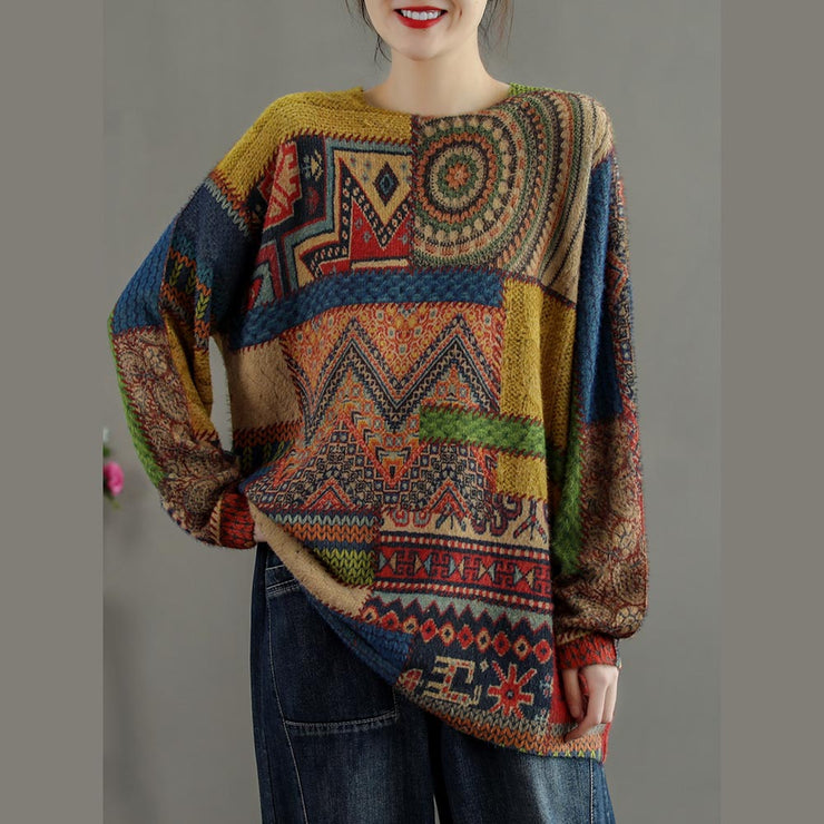 Winter Abstract Pattern Knitted Blouse Casual O Neck Knitted t Shirt