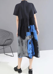 Woman Summer Black Vintage Shirt Lady Casual Midi Dress - SooLinen