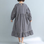 Damenbekleidung Casual Loose Plaid Dress Fashion Cotton Leinenkleider