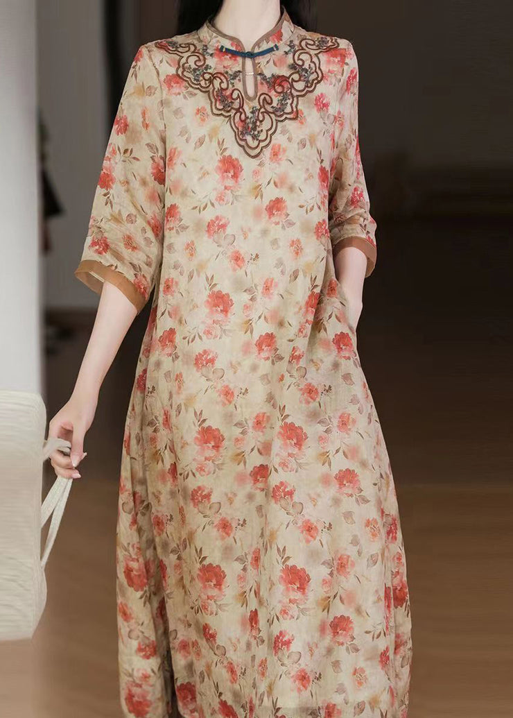 Women Apricot Embroidered Print Patchwork Linen Dresses Half Sleeve