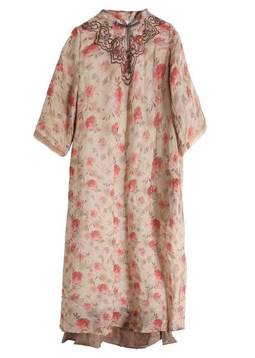 Women Apricot Embroidered Print Patchwork Linen Dresses Half Sleeve