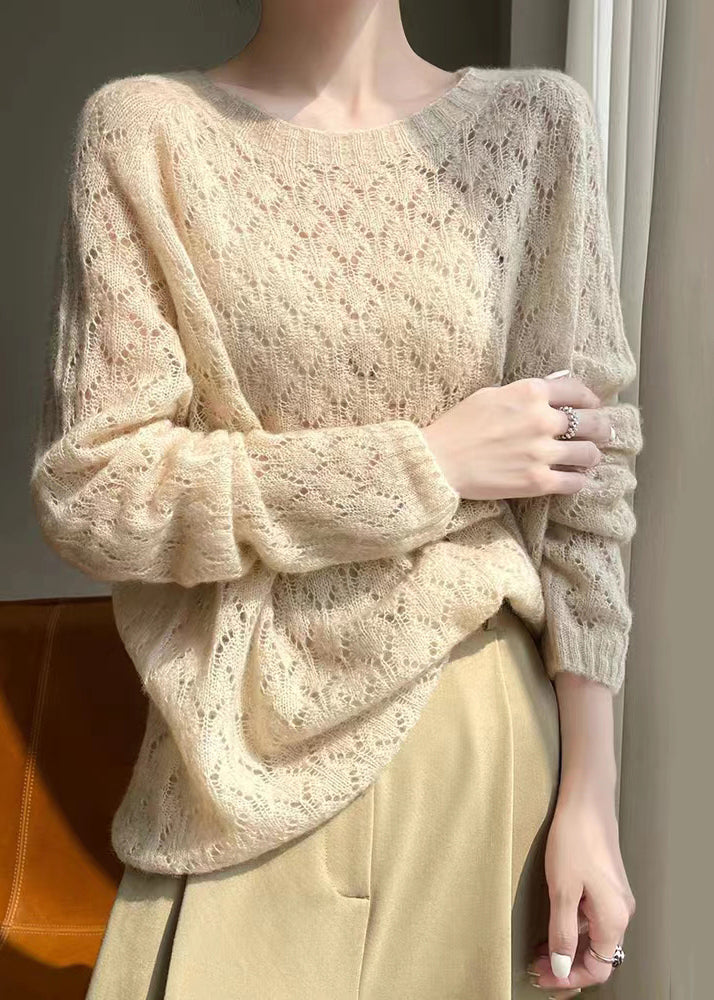 Women Apricot O Neck Hollow Out Patchwork Knit Top Fall
