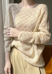 Women Apricot O Neck Hollow Out Patchwork Knit Top Fall