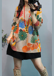 Women Apricot O-Neck Print Casual Fall Knit Cardigans