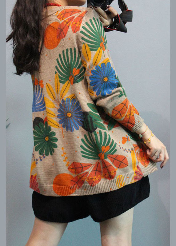 Women Apricot O-Neck Print Casual Fall Knit Cardigans