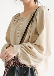 Women Apricot O Neck Wrinkled Button Cotton Blouse Top Lantern Sleeve