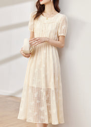 Women Apricot O-Neck Wrinkled Patchwork Chiffon Dress Summer