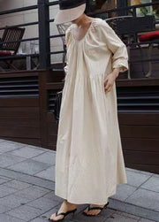 Women Apricot O Neck Wrinkled Patchwork Cotton Dresses Spring