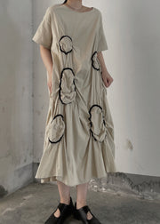Women Apricot O Neck Wrinkled Patchwork Cotton Long Dresses Summer