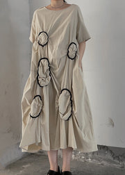 Women Apricot O Neck Wrinkled Patchwork Cotton Long Dresses Summer