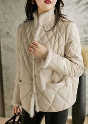 Women Apricot Pockets Chinese Button Patchwork Cotton Filled Jackets Winter