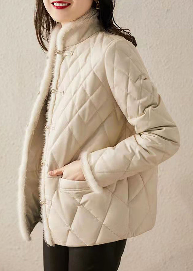 Women Apricot Pockets Chinese Button Patchwork Cotton Filled Jackets Winter