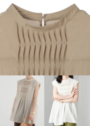 Women Apricot Slim Fit Pleated Cotton Long Shirt Sleeveless