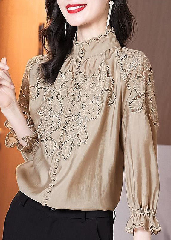 Women Apricot Stand Collar Embroidered Patchwork Cotton Top Spring