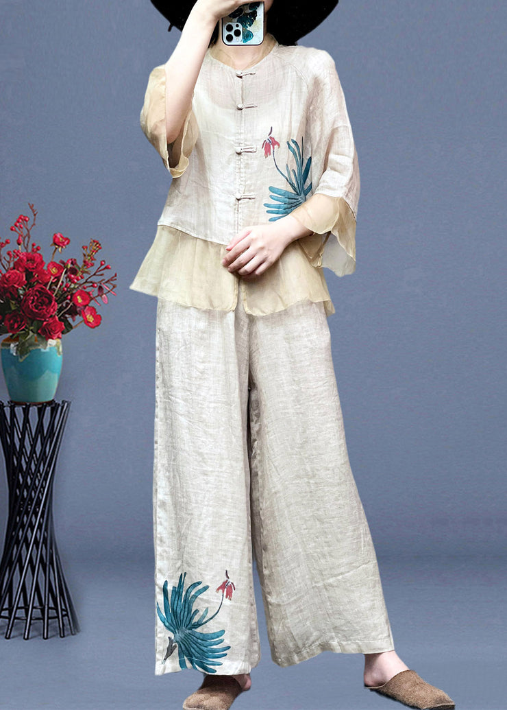 Women Apricot Stand Collar Tulle Patchwork Linen Shirts And Wide Leg Pants Two Pieces Set Long Sleeve
