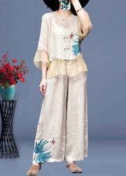 Women Apricot Stand Collar Tulle Patchwork Linen Shirts And Wide Leg Pants Two Pieces Set Long Sleeve