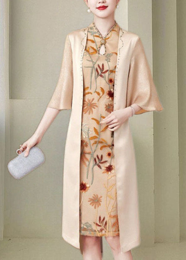 Women Apricot Stand Collar Zircon Silk Bodycon Dress Butterfly Sleeve