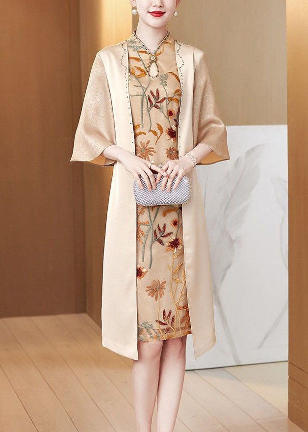 Women Apricot Stand Collar Zircon Silk Bodycon Dress Butterfly Sleeve